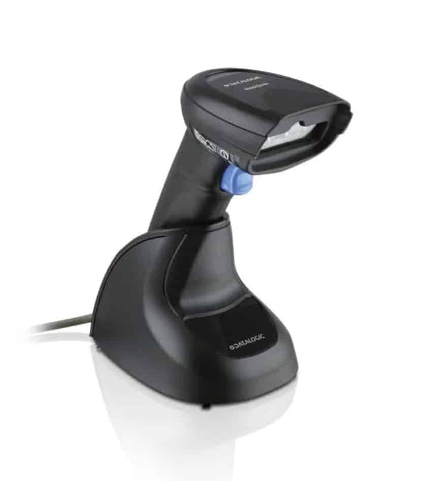 Scanner Datalogic QuickScan 2200 noir sur son socle.