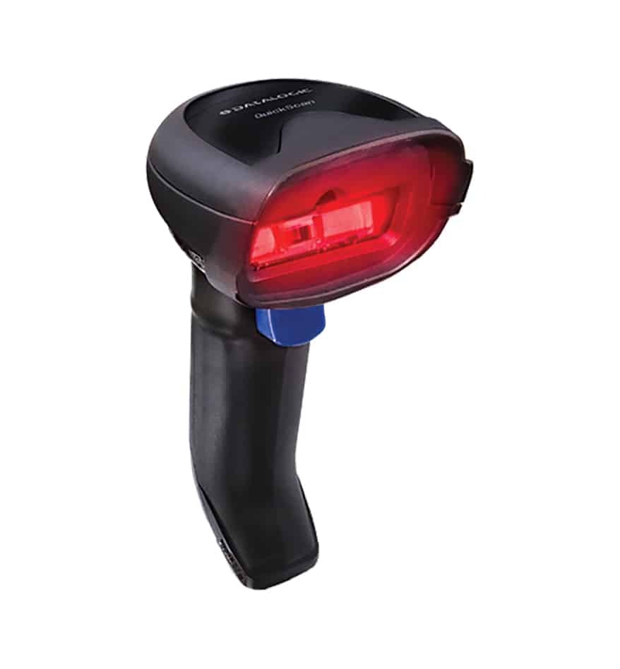 Scanner Datalogic QuickScan 2200 noir avec lumière rouge pour lecture de codes-barres.