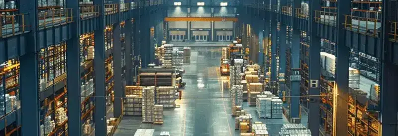 Entrepôt industriel avec rayonnages remplis de marchandises. Solution logicielle de tracking vidéo ALTAIIR.