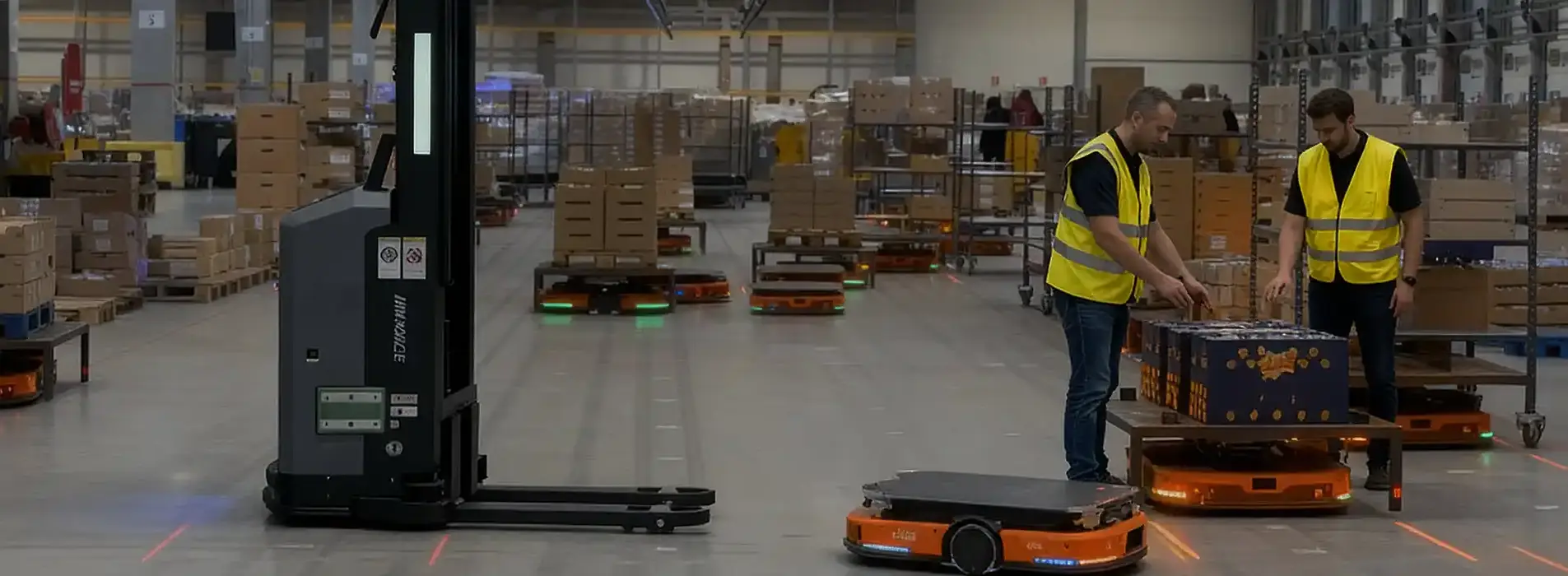 Entrepôt avec robots autonomes et employés travaillant ensemble. Accompagnement robotique.