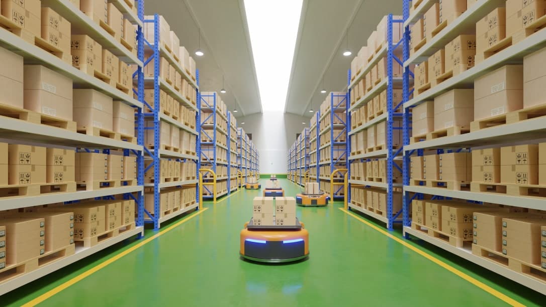 Automatisation des flux d'entrepôt avec des robots autonomes transportant des cartons dans un entrepôt.