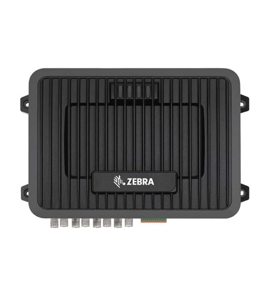 Lecteur RFID fixe Zebra FX9600. Appareil noir avec logo Zebra.