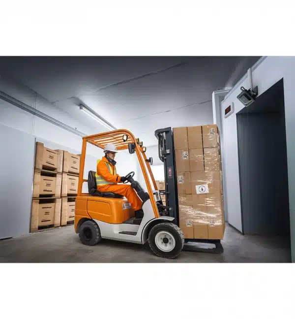 Chariot élévateur manipulant des cartons dans un entrepôt. Lecteur RFID peut être utilisé pour le suivi.