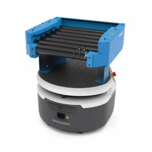 Robot AMR Zebra Roller Series bleu et noir, utilisé pour l'automatisation industrielle.