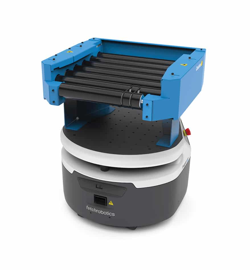 Robot AMR Zebra Roller Series bleu et noir, utilisé pour l'automatisation industrielle.