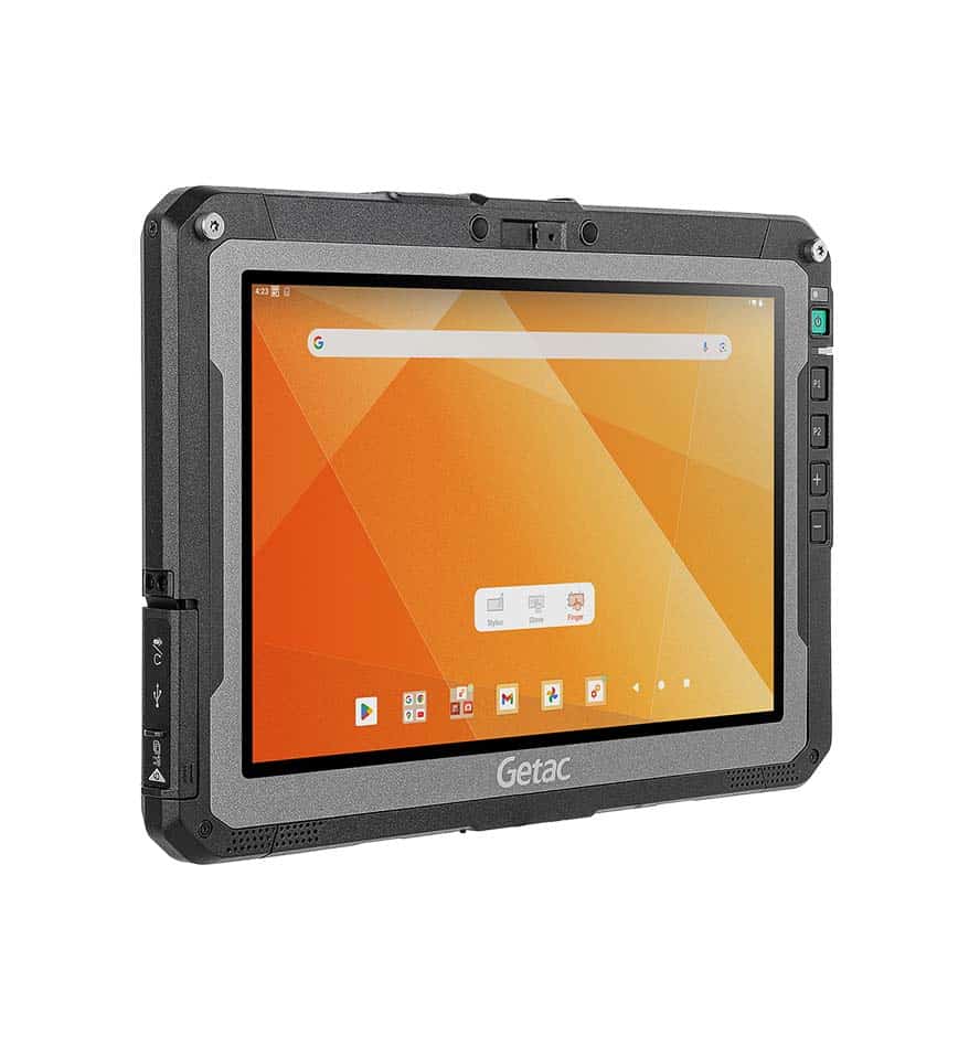 Tablette durcie Getac ZX10 avec écran allumé montrant l'interface Android.