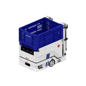 Robot AMR HaiClimber avec un bac bleu. Solution d'automatisation d'entrepôt.