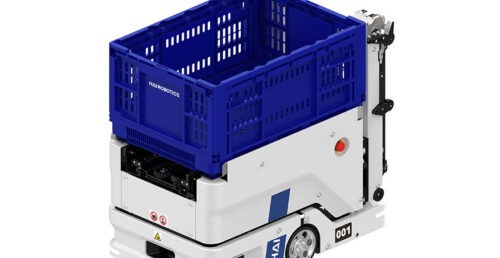HaiPick-Clim-HAIROBOTICS Robot AMR HaiClimber avec un bac bleu. Solution d'automatisation d'entrepôt.