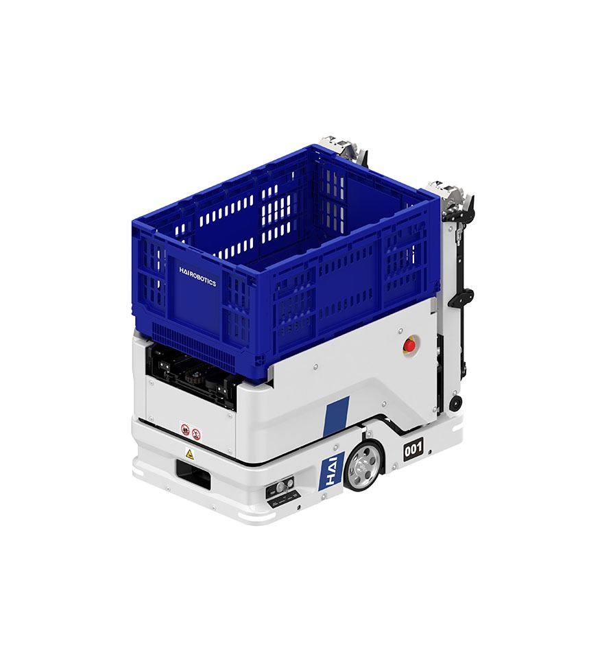 Robot AMR HaiClimber avec un bac bleu. Solution d'automatisation d'entrepôt.
