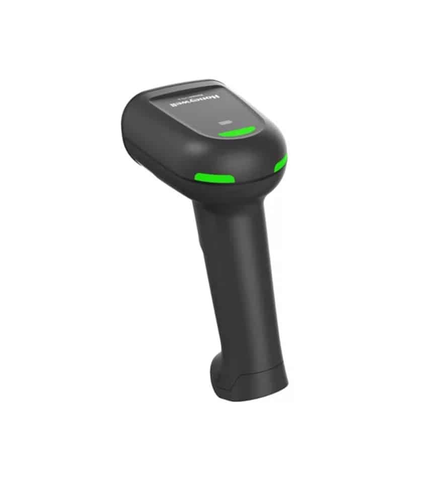Scanner Honeywell Xenon Ultra 1962 noir, vu de côté. Idéal pour la lecture de codes-barres.