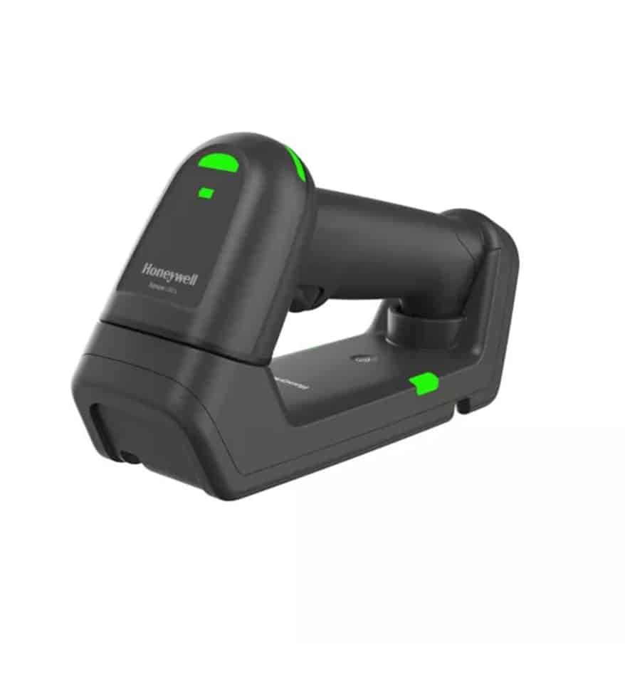 Scanner Honeywell Xenon Ultra 1962 noir sur sa base de chargement.