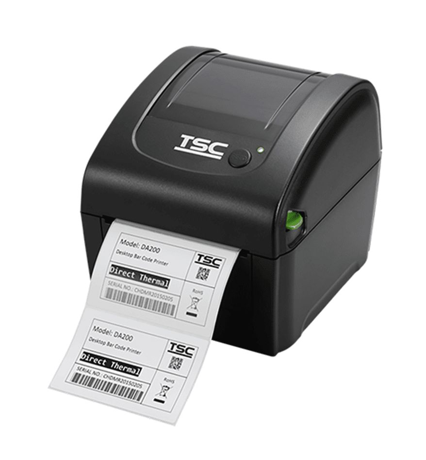 Imprimante de bureau TSC DA200 imprimant une étiquette thermique. Étiquette avec le logo TSC et numéro de série.