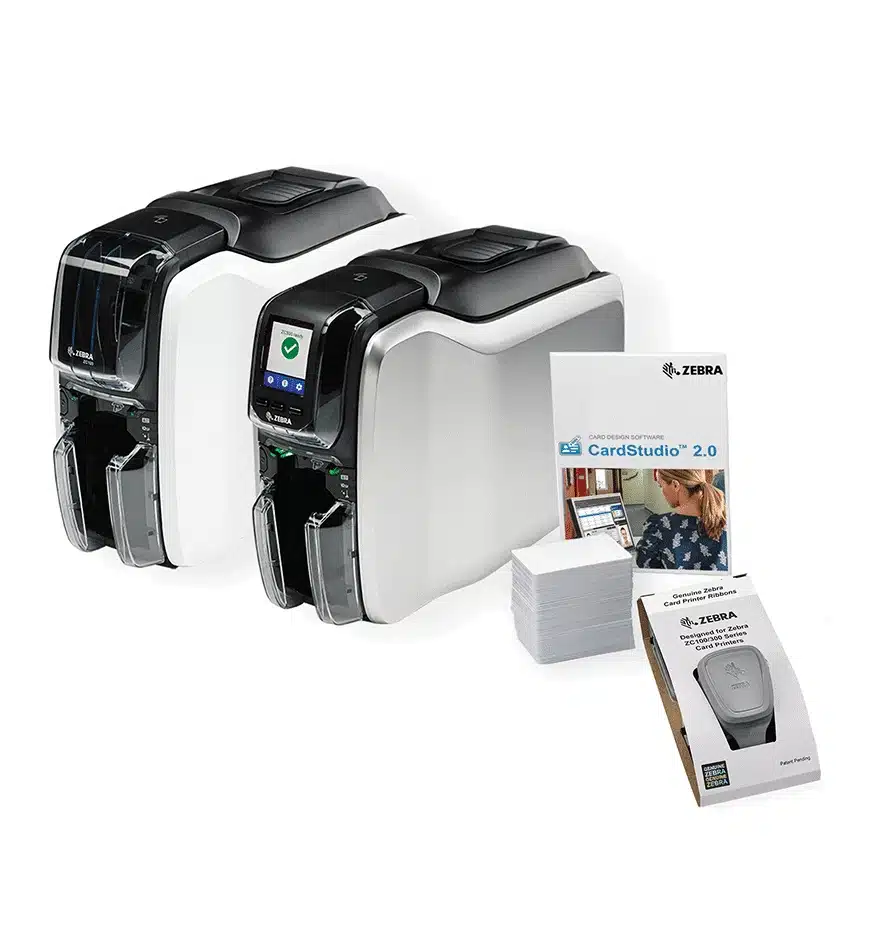 Imprimante carte Zebra ZC300, logiciel CardStudio 2.0 et rubans d'imprimante Zebra.