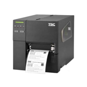 Imprimante industrielle TSC MB240 noire imprimant une étiquette.