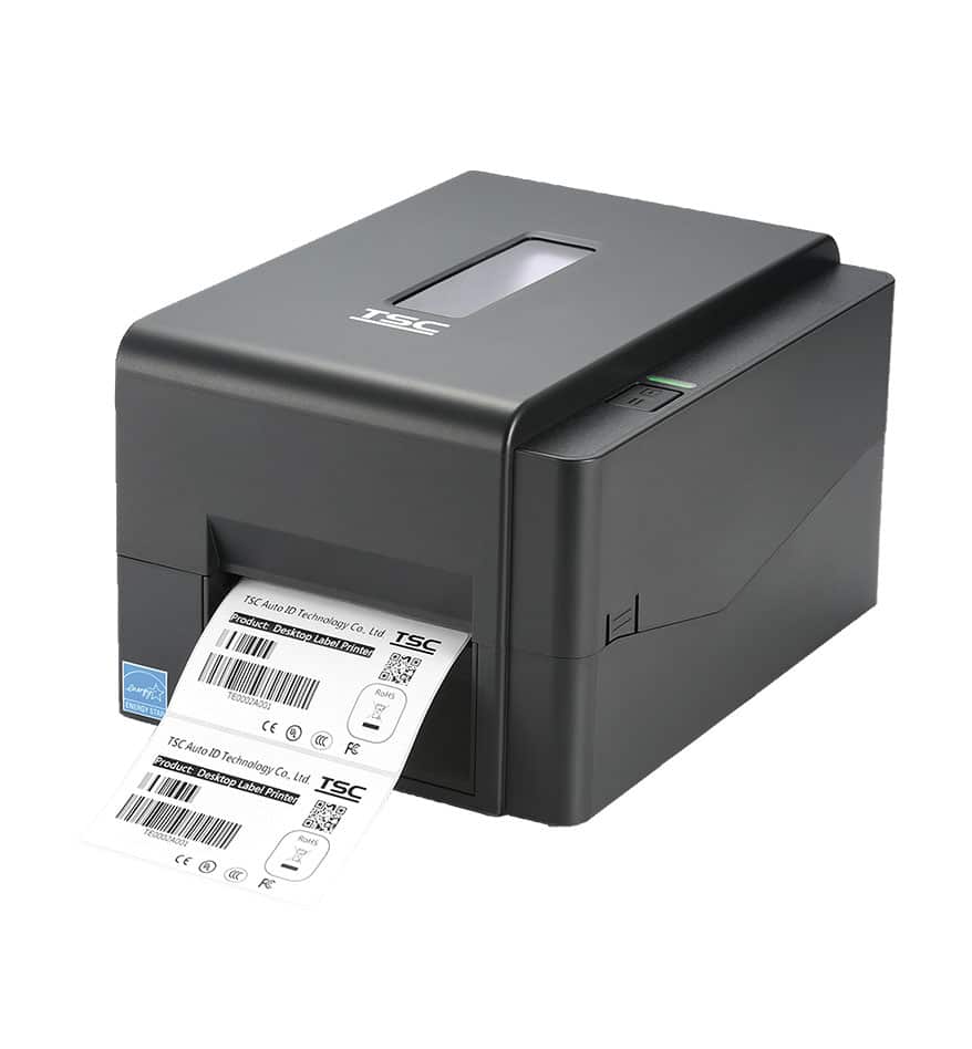 Imprimante de bureau TSC TE200 imprimant des étiquettes avec codes-barres et logo TSC.