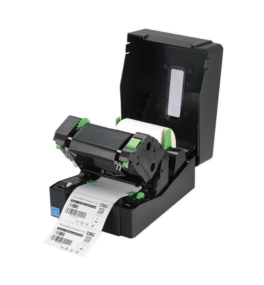 Imprimante de bureau TSC TE200 ouverte, montrant le rouleau d'étiquettes et le mécanisme d'impression.