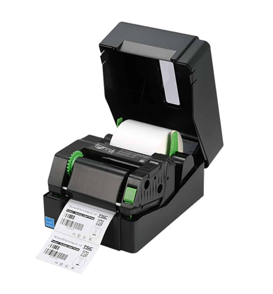 Imprimante de bureau TSC TE200 ouverte, avec rouleau d'étiquettes.