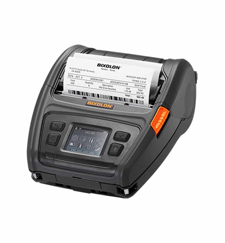 Imprimante mobile BIXOLON XM7-40 affichant un ticket de caisse.