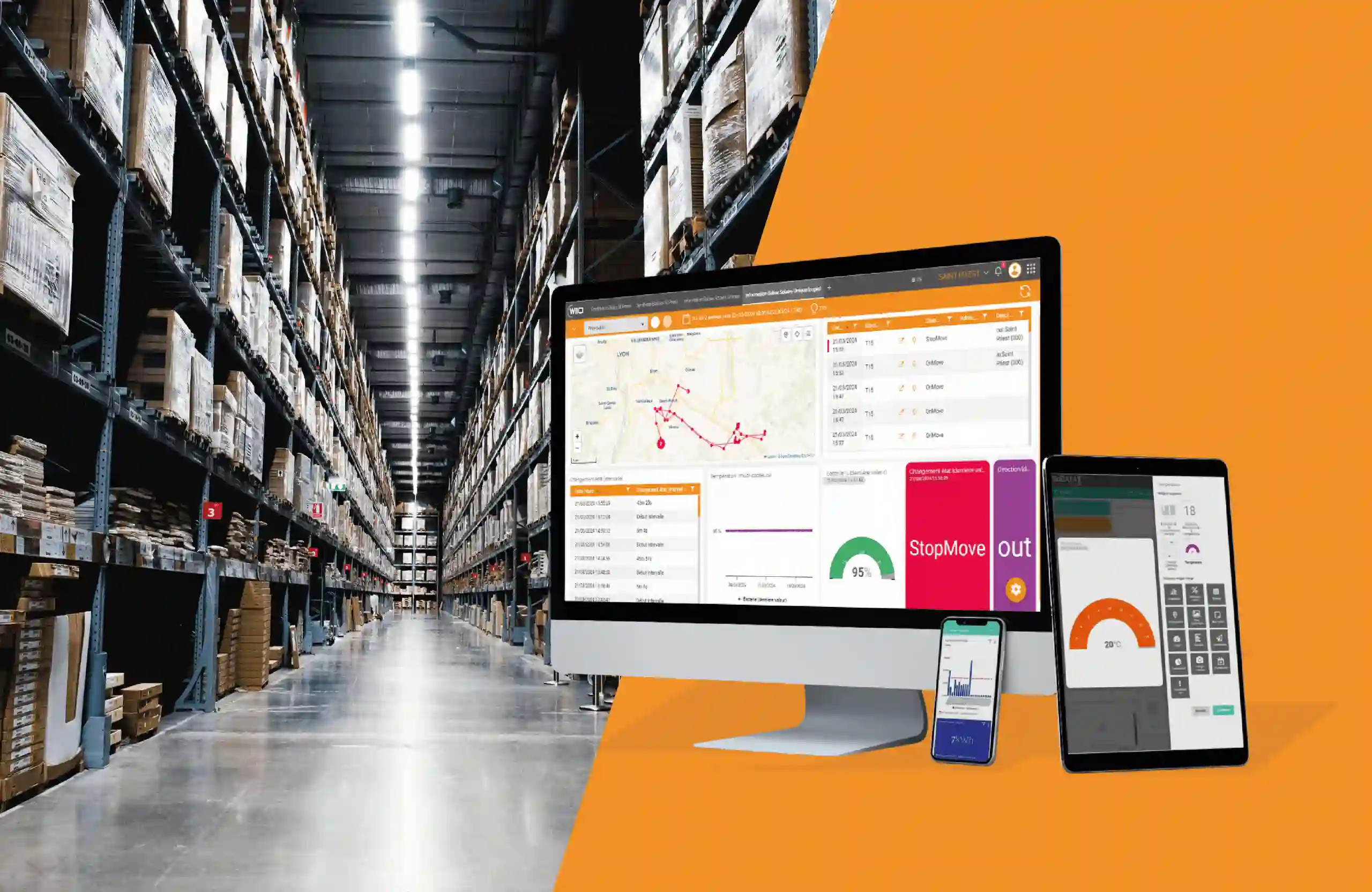 Entrepôt avec écrans présentant la solution logicielle IoT WIITRACK pour la gestion logistique.