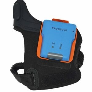 Scanner LEO Proglove mains-libres porté au poignet. L'appareil est bleu et orange.