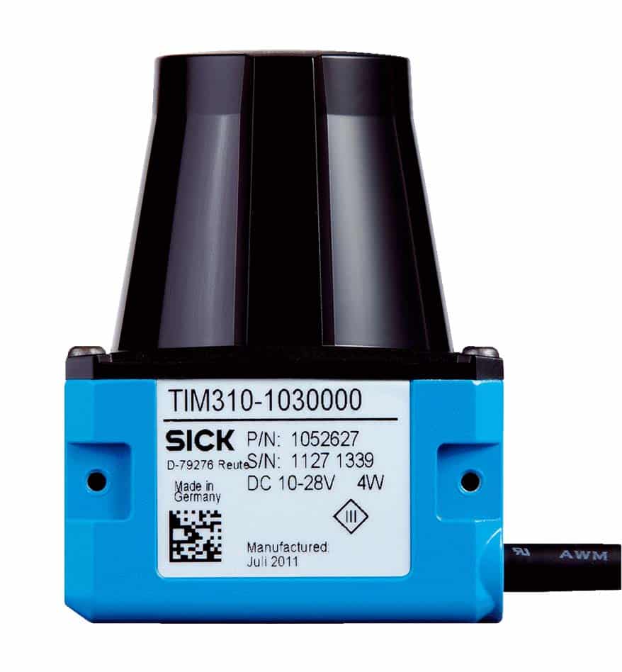 Lidar Sick TiM320, un capteur de distance bleu et noir fabriqué en Allemagne.