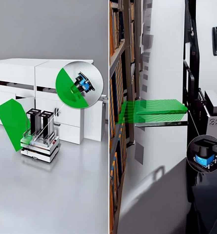 Lidar Sick TiM320 scannant des étagères et des meubles. Technologie de détection laser 2D.