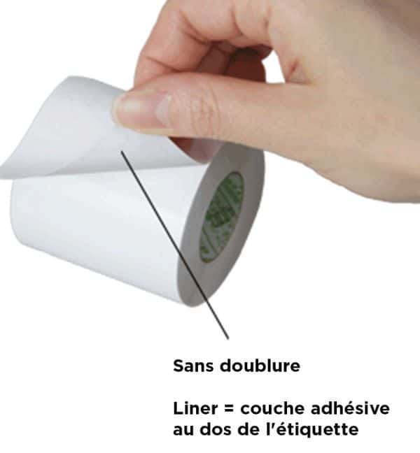 Rouleau d'étiquettes linerless avec main décollant une étiquette. Sans doublure.