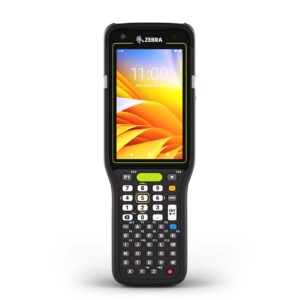 Terminal industriel Zebra MC3400 affichant l'heure 11:00. Clavier alphanumérique intégré.