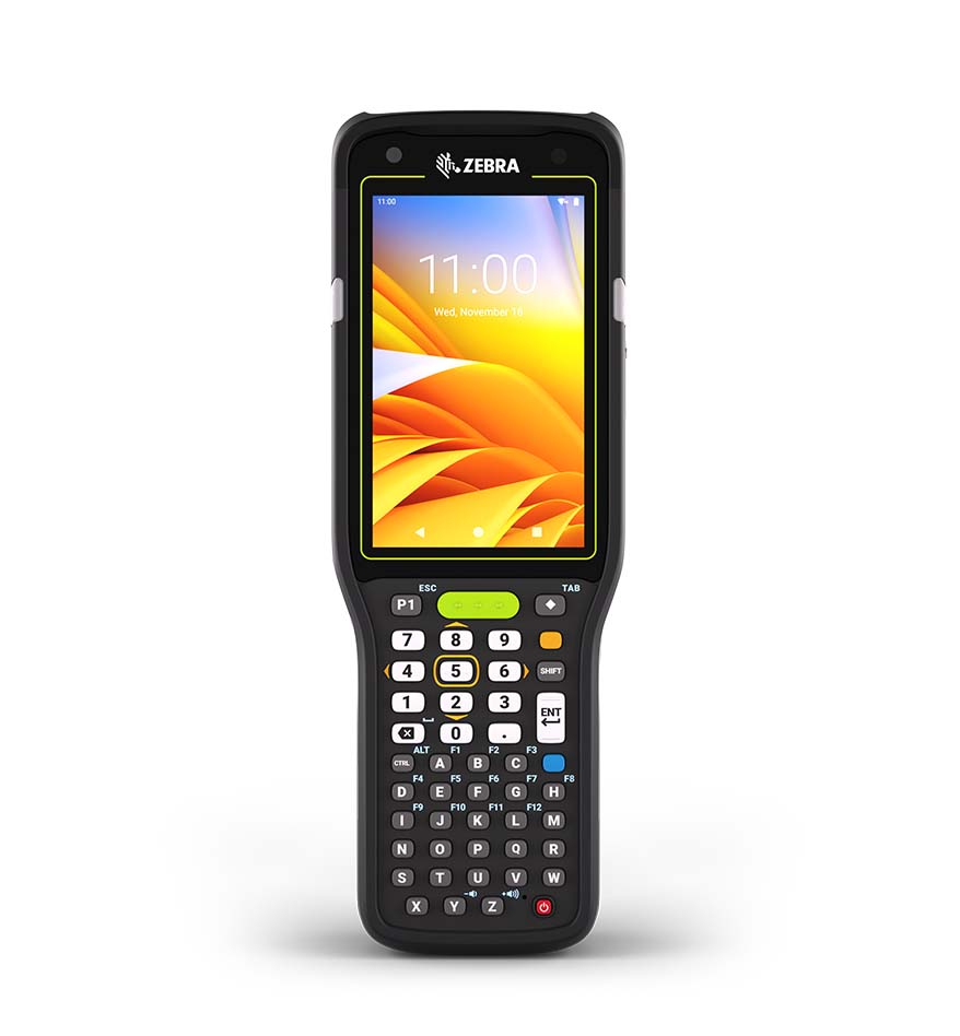 Terminal industriel Zebra MC3400 affichant l'heure 11:00. Clavier alphanumérique intégré.