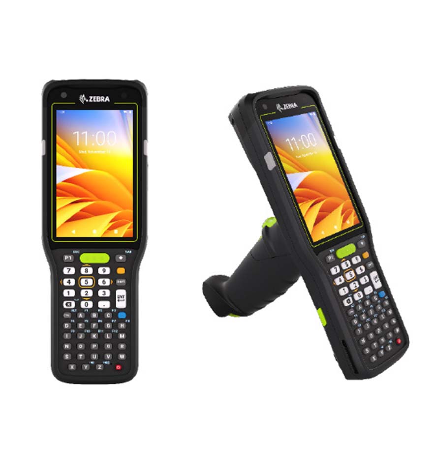 Terminal industriel Zebra MC3400, affichant l'heure 11:00. Lecteur code-barres robuste.