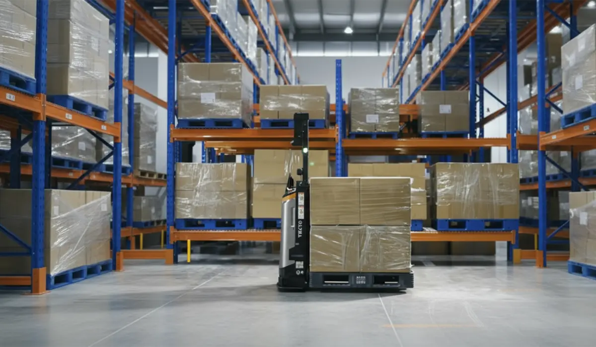 Robot MAEVE déplaçant des palettes dans un entrepôt. Solution logicielle robotique.