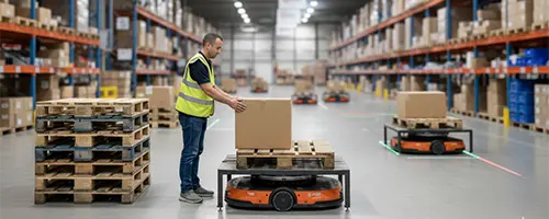 Employé plaçant une boîte sur robot mobile en entrepôt. Accompagnement robotique.