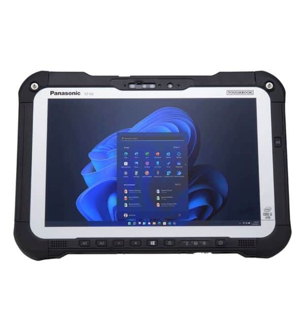 Tablette durcie Panasonic Toughbook G2 avec écran affichant Windows. Ordinateur portable robuste.