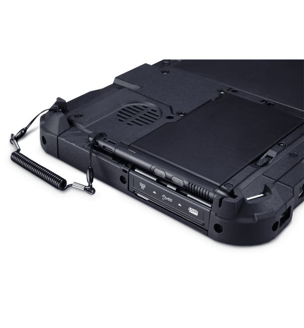 Détail d'une tablette durcie Panasonic Toughbook G2, montrant les ports et le stylet.