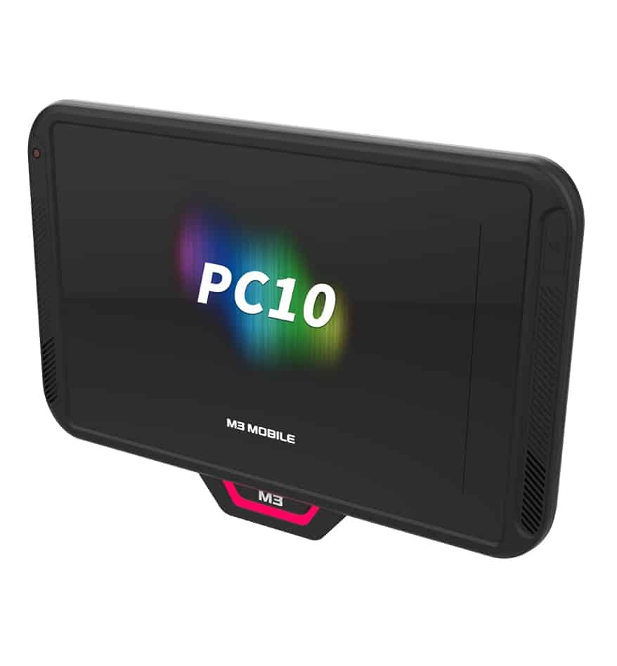 Panel PC M3 Mobile PC10 affichant son nom sur l'écran. Ordinateur industriel.