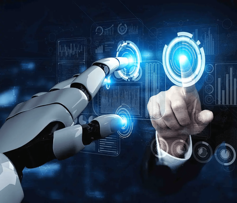 Main humaine et robotique interagissant avec une interface futuriste; Glossaire A-J.