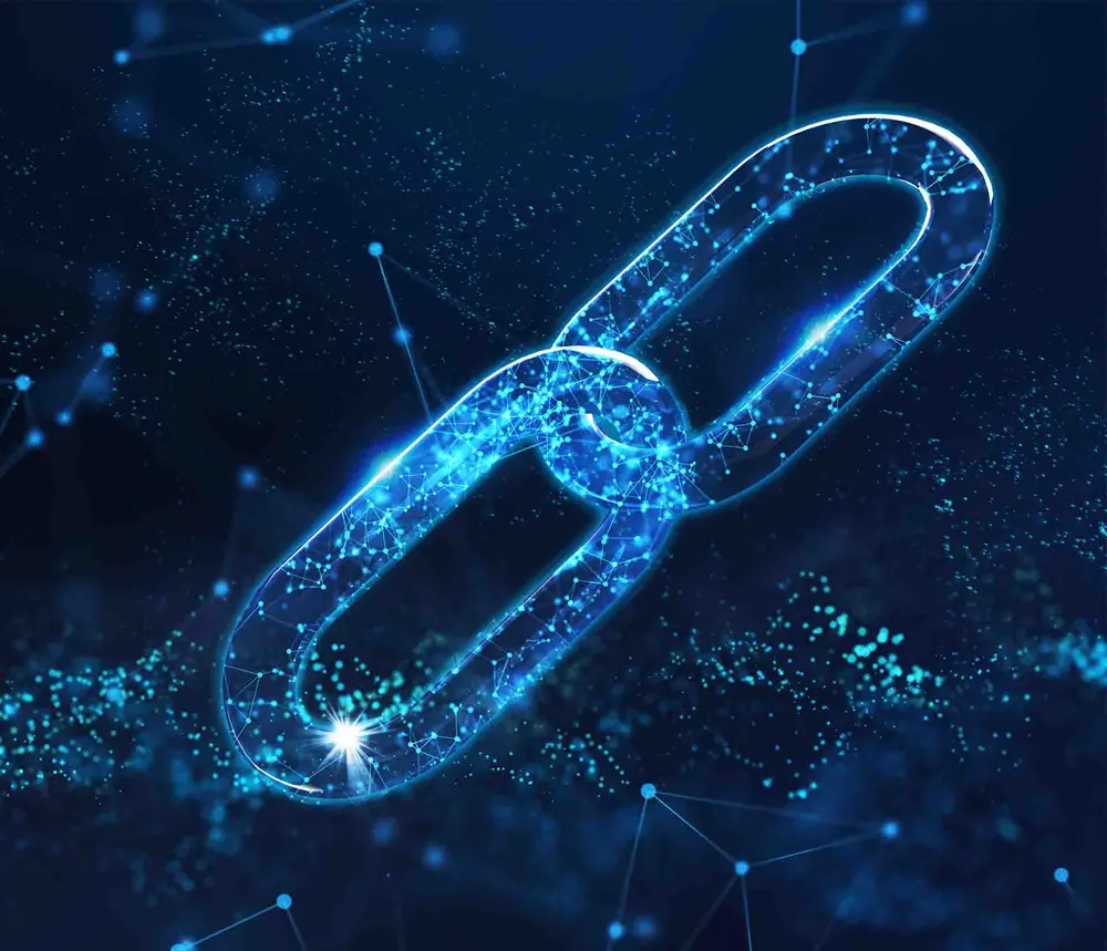 Chaîne numérique bleue, concept de connexion et de technologie. Glossaire A-J.