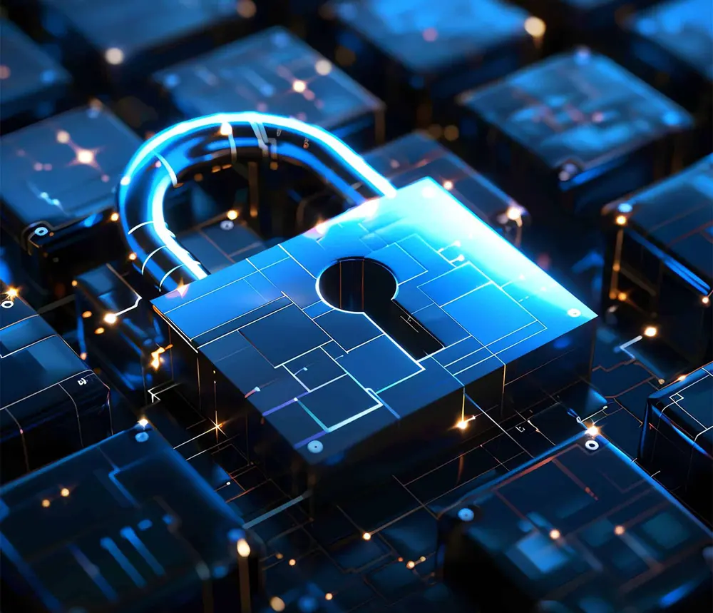 Cadenas numérique bleu sur un circuit, concept de sécurité informatique. Glossaire A-J.