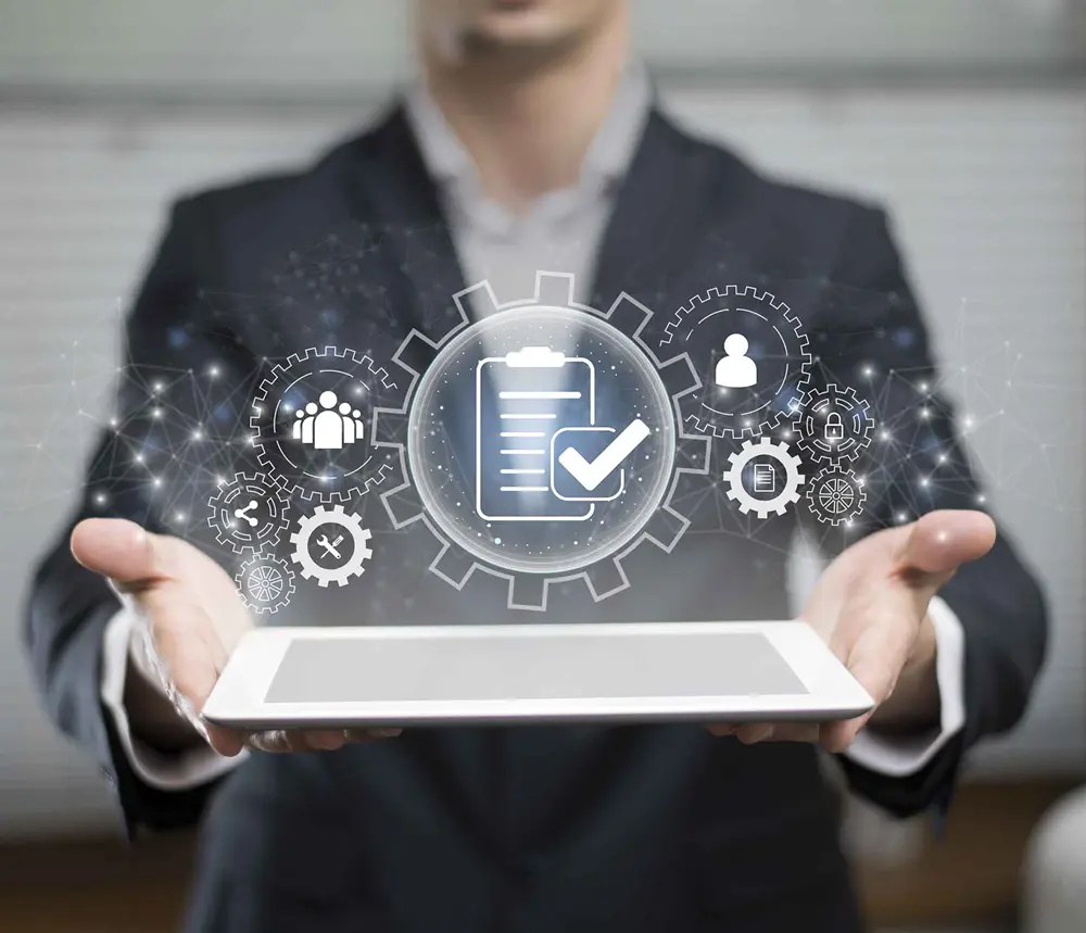 Icône de liste de contrôle numérique avec engrenages. Glossaire A-J.