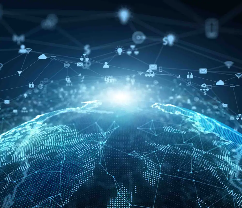 Réseau mondial numérique avec icônes de communication. Glossaire A-J.