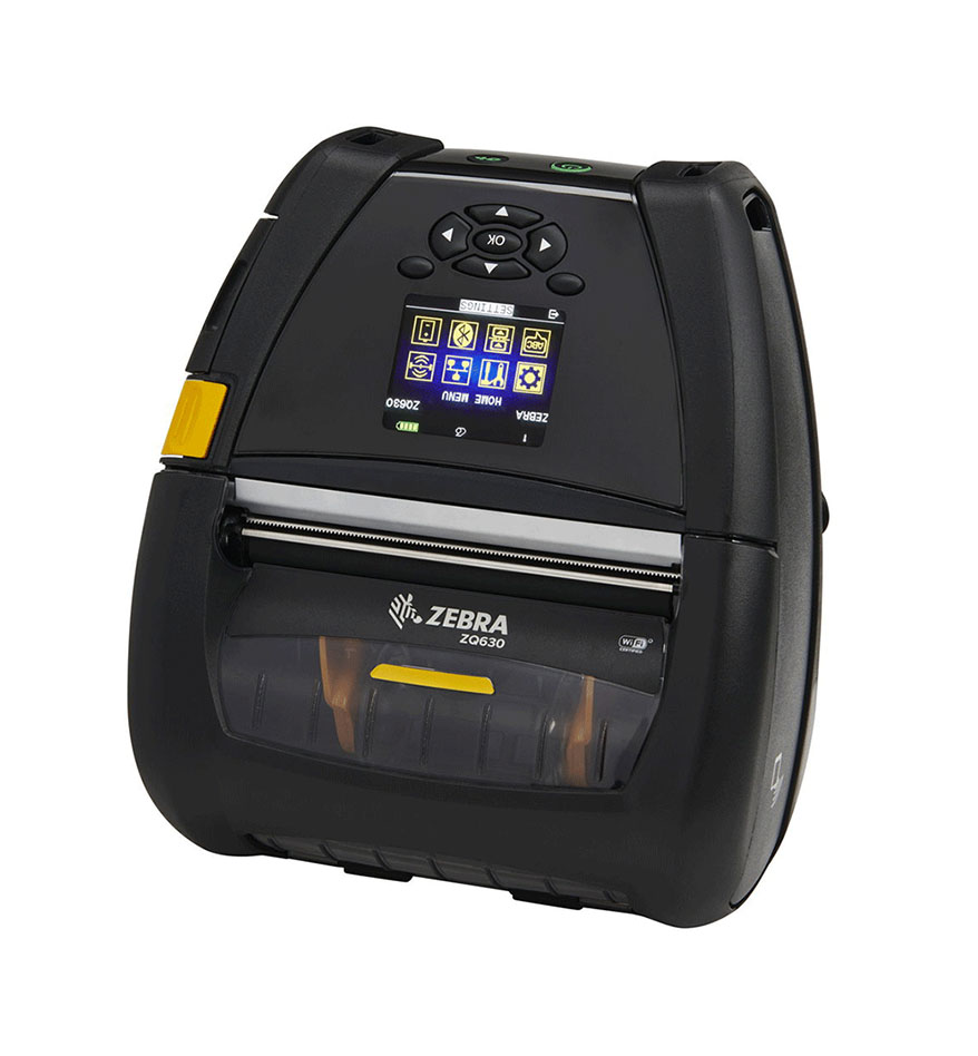 Imprimante mobile Zebra ZQ630 noire avec écran LCD et boutons de navigation.