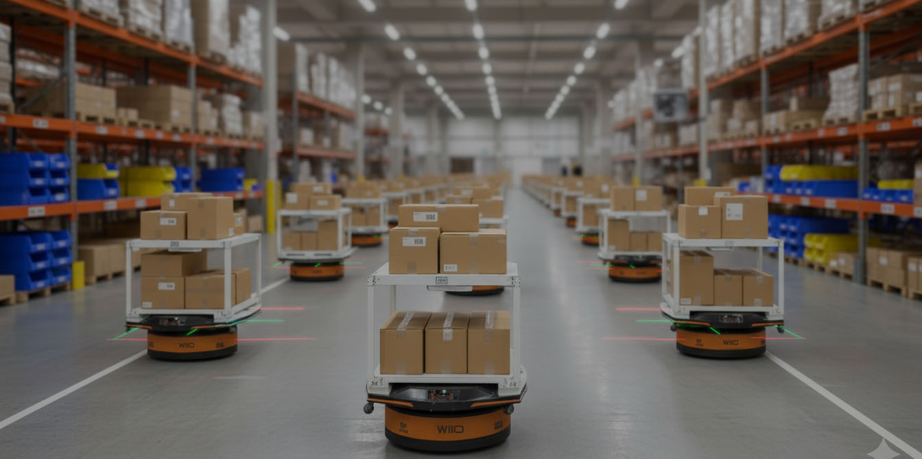 Robots Wiio transportant des cartons dans un entrepôt. Solutions robotiques.