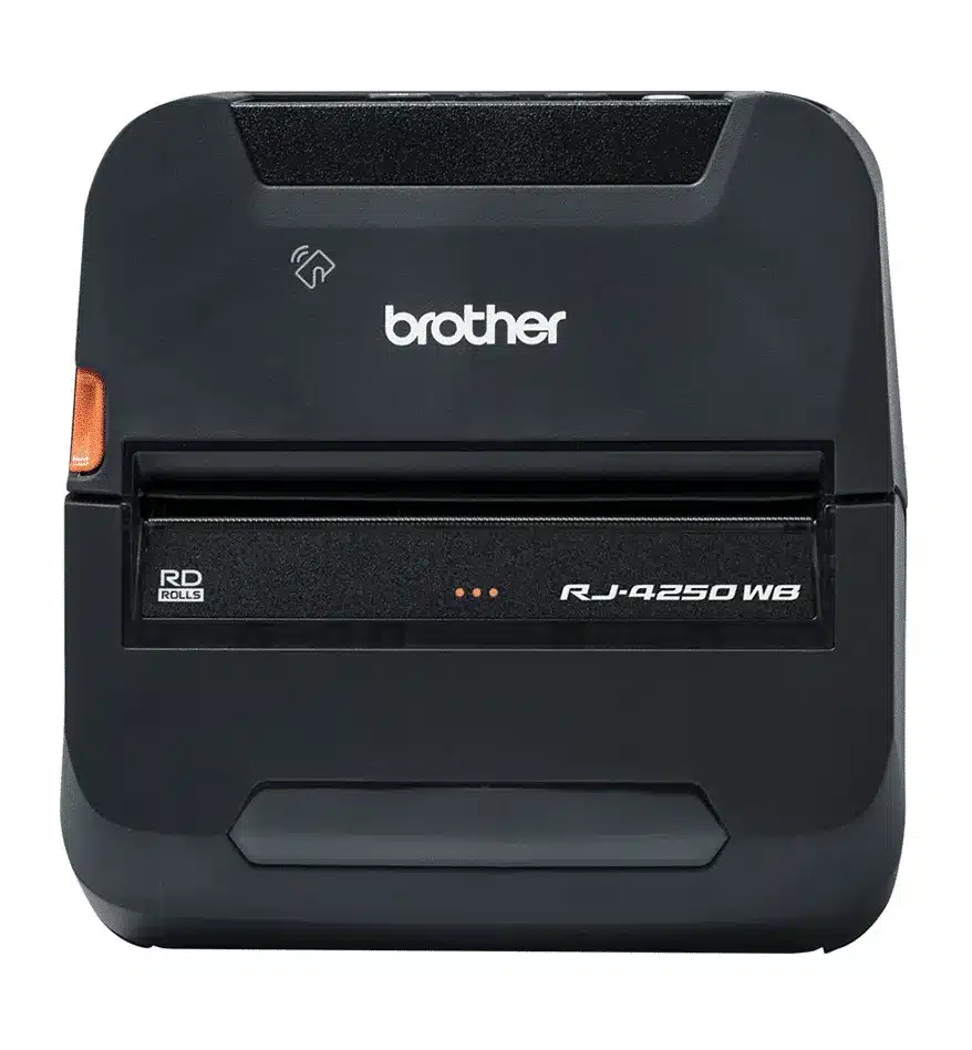 Imprimante mobile Brother RJ4250 WB noire. Étiquette RD ROLLS visible.