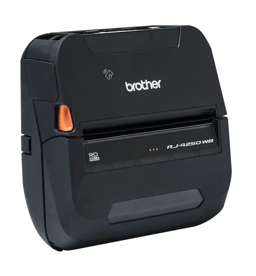 Imprimante mobile Brother RJ4250 noire. RD Rolls visible.