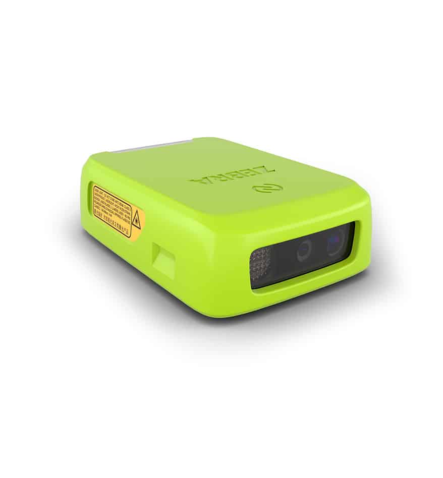 Scanner transportable Zebra RS2100 vert, vue en perspective.