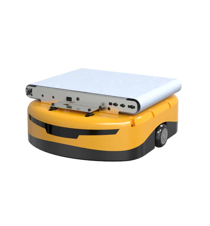 Robot Libiao JTRobotII Series jaune avec convoyeur blanc.