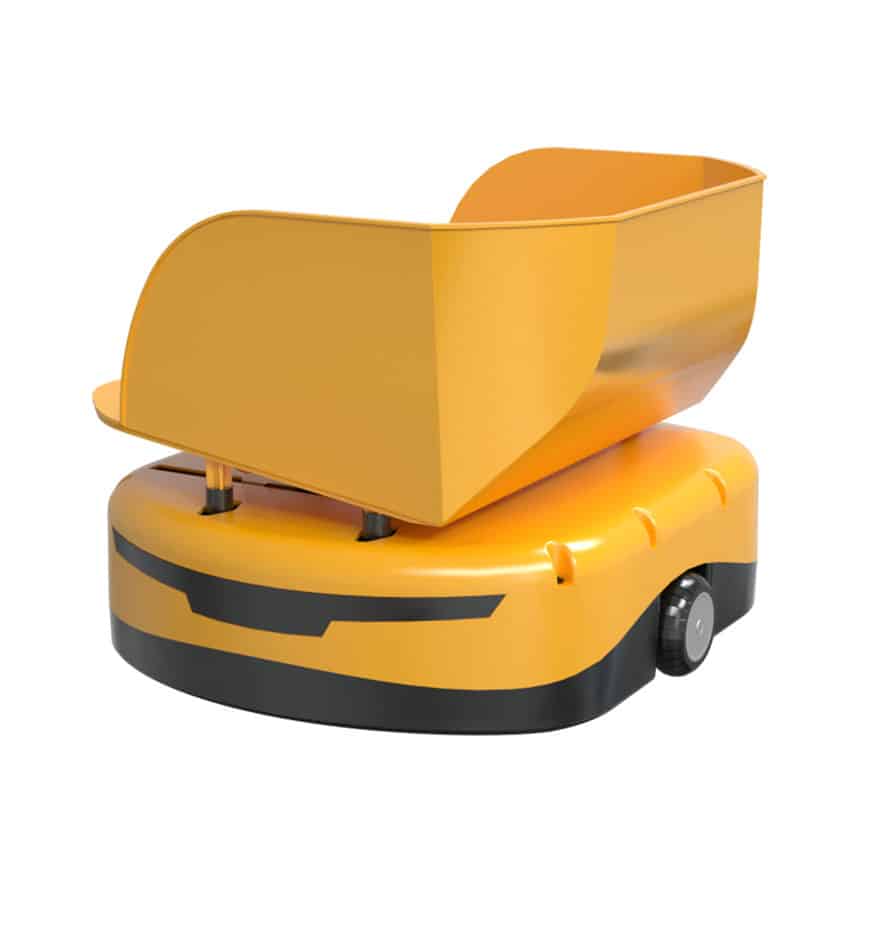 Robot Libiao JTRobotII Series jaune avec benne. Solution d'automatisation logistique.