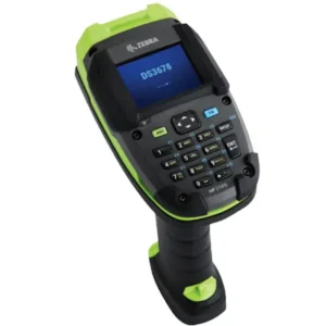 Scanner DS3600-KD Zebra robuste, avec écran et clavier numérique. Idéal pour l'industrie et l'entreposage.