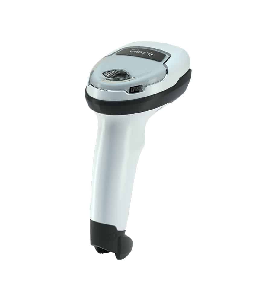 Scanner Zebra DS4600 blanc, un lecteur de codes-barres performant.