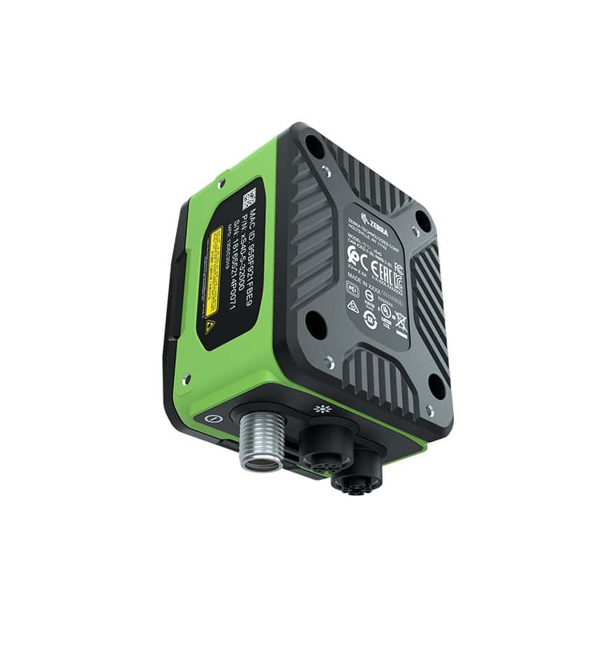 Scanner fixe Zebra FS40, vue en perspective. L'étiquette indique le numéro de série et l'identifiant MAC.